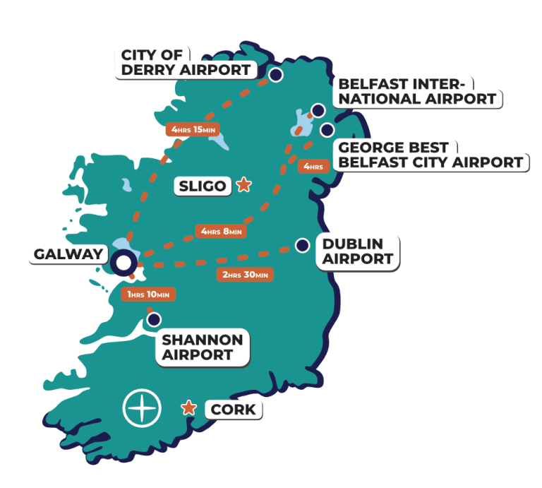 Map of Ireland highlighting tech skills hubs in Dublin, Cork, and Galway connected by digital data networks. in demand digital skills ireland